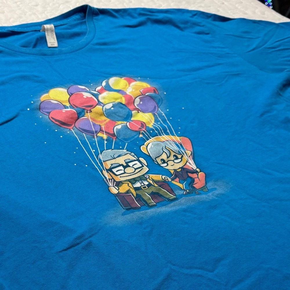 Mens 2XL T-Shirt Blue Pixar Up MOVIE Carl Ellie Balloon Heart Graphic ANIMATION